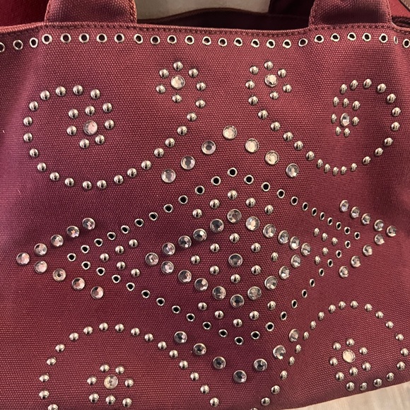 PRADA burgundy tote denim material. Strap for crossbody. Silver studs. - Picture 6 of 12